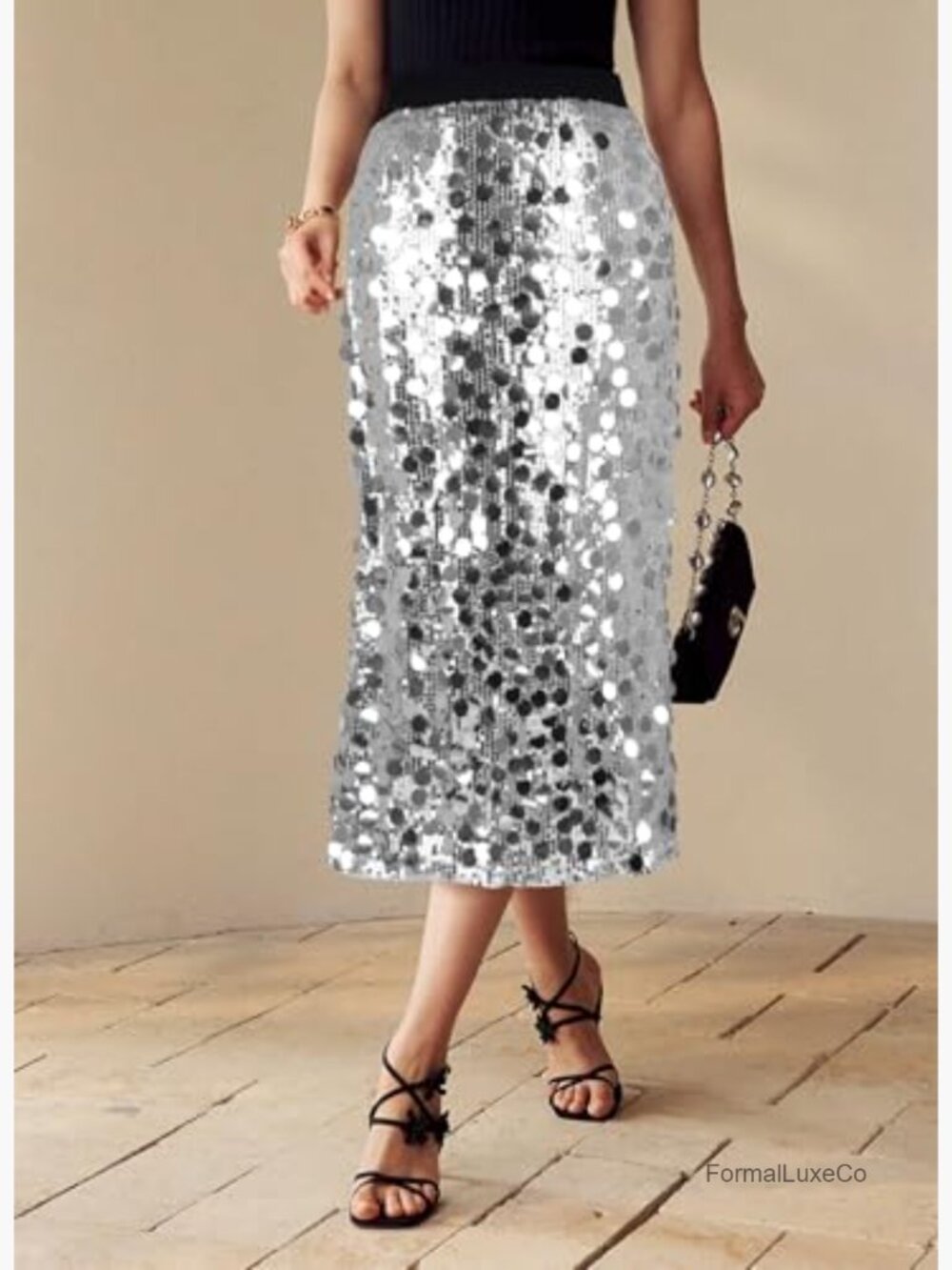 High Waist A-Line Sequin Midi Skirt Sparkly Shiny Party Club - Picture 5 of 6